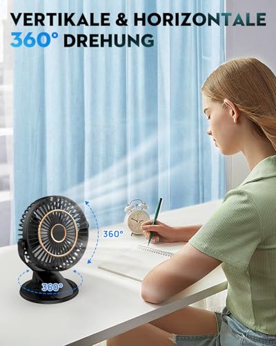 COZII Mini Ventilator, USB Ventilator Leise Clip Ventilator Tischventilator mit LED-Anzeige, 720° Drehung & 5 Geschwindigkeiten, 16cm Tragbarer Ventilator für Zuhause, Büro, Kinderwagen, Outdoor 3
