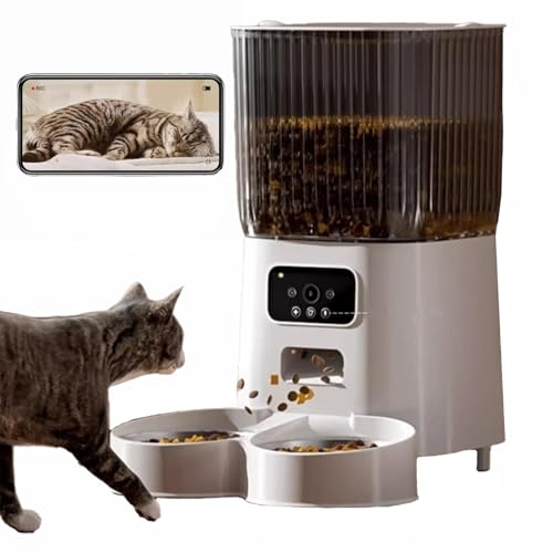 Automatic Cat Feeder 2 Cats with Camera, 5L Dual Pet Auto Timed Electric Smart APP Food Feeding Dispenser (White, 2 Bowls)