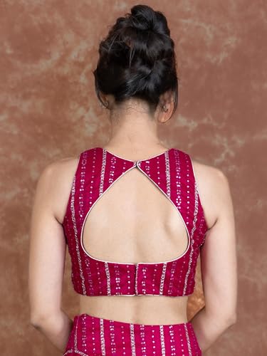 Image of FIGURE'S DESIGNER Women's Sequin Embroidered SabyaSachi Cut V Neck Sleeveless Readymade Saree Blouse E24