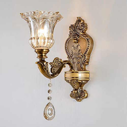 Image of Vintage Wall Sconce, Antique Brass Wall Light, Crystal Floral Bedside Wall Lamp for Entrance, Bedroom, Hallway