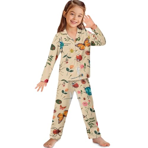 Amzbeauty Conjunto de pijama de manga larga con botones para niñas y niños, 2 piezas, estampado de flores y mariposas