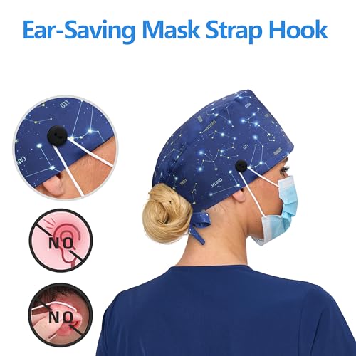 Image of Adjustable Scrub Cap with Button, Satin-Lined Cotton Scrub Hat Sweatband, Elastic Working Hat Unisex, One Size