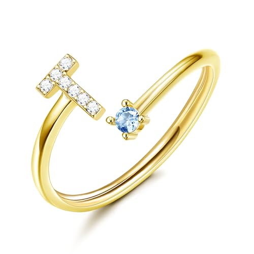 Dochais Cubic Zirconia Gold Initial Rings for Women Non-Tarnish 14k Gold Plated Adjustable Pinky Ring Cute Dainty Finger Rings Birthday Gifts for Her Size 6-9, Letter T