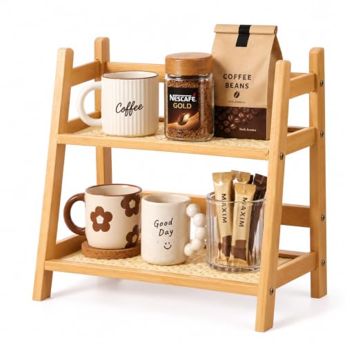 Bamboo Coffee Station Organizer 2 Tier Rattan Look Tea & Mug Holder Stand