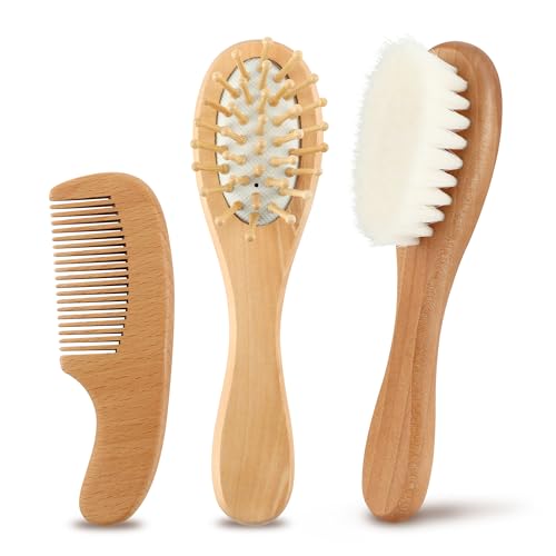 Cepillo bebe, Set peine bebé, cepillo de madera natural con cerdas suaves de cabra, para bebés, cuidado del cuero cabelludo, accesorios bebé