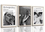 Trendy The New York Times Wall Art 12x16in Wood Framed, Black and White Elegant Urban Feminist Canvas Posters, Retro Trendy Cocktail Girly Posters Bar Cart Newspaper Living Room Wall Decor Set of 3