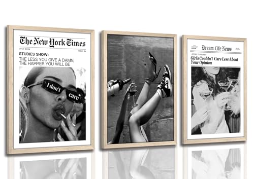 Trendy The New York Times Wall Art 12x16in Wood Framed, Black and White Elegant Urban Feminist Canvas Posters, Retro Trendy Cocktail Girly Posters Bar Cart Newspaper Living Room Wall Decor Set of 3