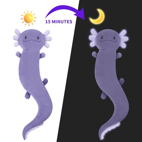 Image of Tianmihou 48 Inch Giant Axolotl Stuffed Animal, Cute Plush Toy Purple Axolotl Body Pillow for Kids, Soft Salamander Glow in The Dark Plushie Gifts for Girls, Boys, Birthday