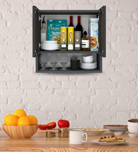 Image of SPECIALITY PANELS Aluminium Black Profile 2 Brown Tinted Glass Handless Shutter Wall Cabinet with Space Organizer Wall Mounted Kitchen Storage Cupboard Modern Kitchen Furniture Unit (Slate Grey)