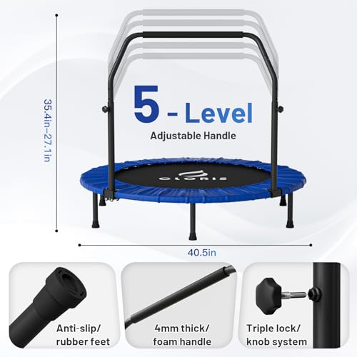 Image of CLORIS Rebounder Trampoline for Adults 40 Inch, 400 lbs Capacity with 5-Level Adjustable Bar, Foldable Mini Indoor Fitness Workout Exercise Equipment Blue