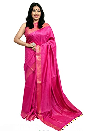 INDIA SILK PWCS LTD Tussar Mooga Silk Saree with Blouse (LLNS302, Rani Pink)
