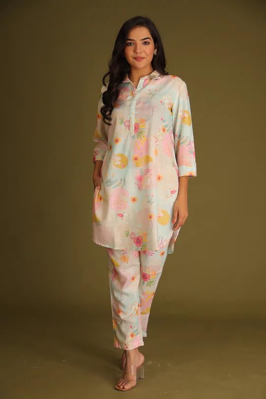 Image of Leriya Fashion Co-ord Set for Women Stylish Rayon | Kurta Sets for Woman | Kurtis | Short Kurti for Women | Dress For Woman | 3 /4 Sleeve Printed Ethnic Co Ord Set