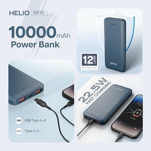 Geonix Helio R100 10000 mAh 22.5W Fast Charging Power Bank, Ultra Slim Power Bank with USB-A Output, Type C PD Output, Type C Input, Wake Up Button, 1 Year Warranty, Blue view 2