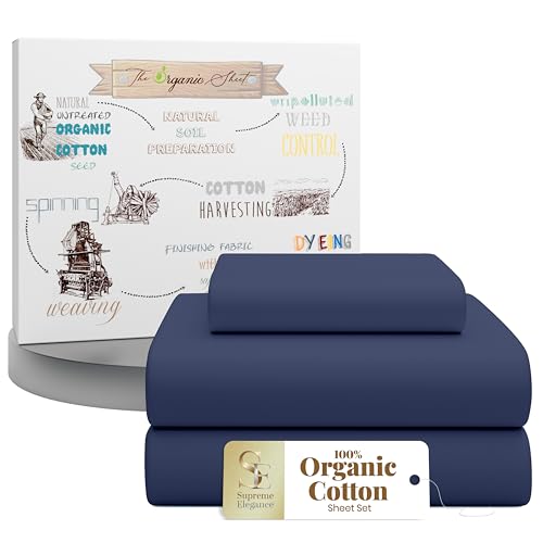 SUPREME ELEGANCE 3Pc 100% Organic Cotton Twin XL Sheets Set, Dark Blue, Cooling Percale, Deep Pocket Fitted Sheet, Fits Mattresses Up to 14", Breathable Bed Sheets & Pillowcases Set, Crisp Bedding by SUPREME ELEGANCE - Used condition - US$37.99