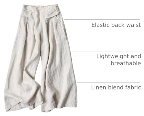 Image of Gihuo Culottes for Women Linen Wide Leg Gauchos Capri Palazzo Pants | Cotton Linen Pants,Flowy Pants,Women's Culottes,Cropped Pants,Elastic Waist Trousers with Pockets