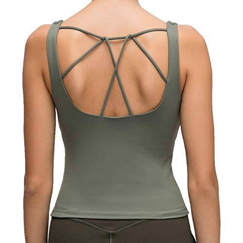 Lemedy Yoga Tank Top Built in Shelf Bra Racerback Pads Fitness Active for Women (S, Army Green)
