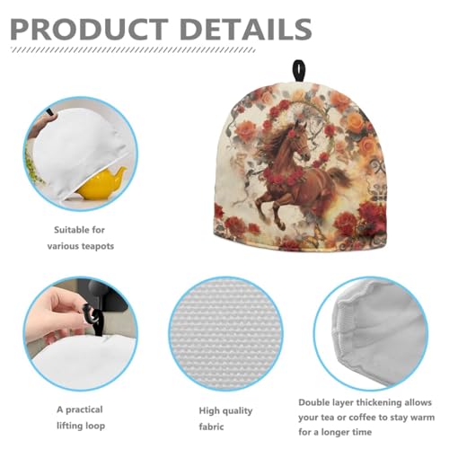 Image of Rose Brown Horse Print Tea Cozy for Teapot Insulated Large Teapot Warm Tea Kettle Cover Machine Washable Coffee Pot Cloth Covers Kitchen Home Decorations for Party