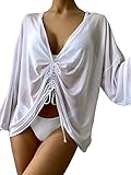 SOLY HUX Women's Long Sleeve V Neck Ruched Tie Front Mesh Swimsuit Kimono Beach Cover Up Pure White...