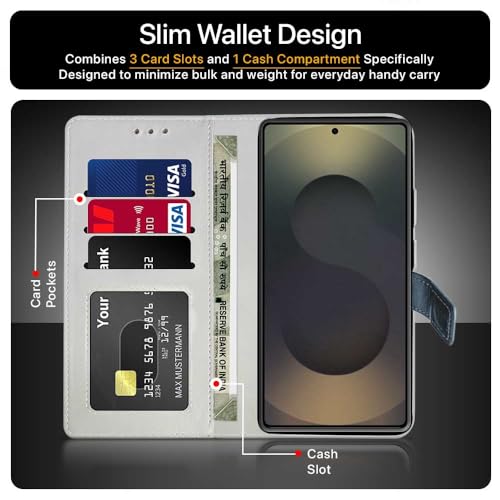 Image of FLIPPED Vegan Leather Flip Case Back Cover for Samsung Galaxy S25 Ultra 5G (Flexible, Shock Proof | Hand Stitched Leather Finish | Card Pockets Wallet & Stand | Blue with Aquamarine)