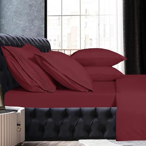 Image of Mocassi King Sheet Set - Luxury Hotel 1800 Premier Bedding Sheets & Pillowcases - Ultra Soft Breathable & Cooling Bed Sheets - Deep Pocket - Wrinkle Resistant - 6 Piece Set - King, Burgundy