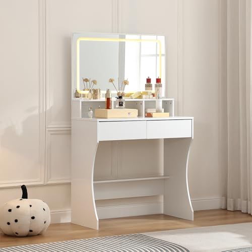 FOREST GRAVITY Small Makeup Vanity Desk Pequeño Tocador de Maquillaje con Espejo y Luces,2 Cajones,Tocador,3 Modos Ajustables de Luminosidad de Color,para Dormitorio,Blanco（0163）