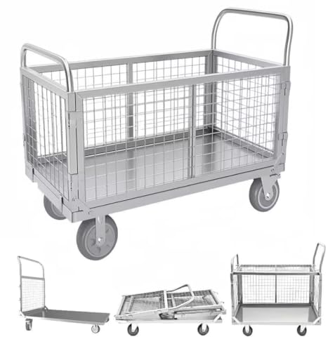 TUIYIDUO カゴ台車 折りたたみ式 手押しメッシュ台車 静音ブレーキ付き 耐荷重400kg 360度回転 網籠車 業務用 簡単組み立て 倉庫 工場 店舗 会社 5インチキャスター付き ブレーキ付き(101.3*60*95CM) - TUIYIDUO - 商品画像