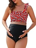 Umstands-Bikini, hohe Taille, zweiteilig, gerüschter Saum, niedlicher Blumen-Badeanzug, rotes leopardenmuster, X-Large
