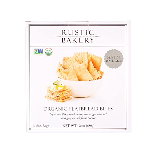 Rustic Bakery Handmade Sourdough Flatbread Cracker Bites - Olive Oil & Sel Gris - Sea Salt Charcuterie Crackers - Artisan Crackers For Cheese Platter Or Snacking - Made In California - Pack Of 4 - 6 Oz Bags #TOP5