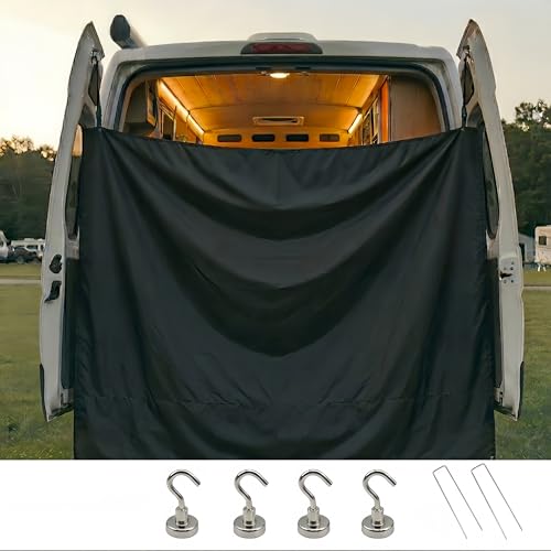 RSDKL 7x6 ft Van Privacy Curtain in Cab, Rear Door Shower Curtain with 4 Pack Magnetic and 2 Pack Ground Stakes Hooks Adjustable Camping Curtain Changing Car Cover for Truck Travelling