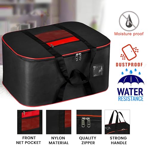 Image of Storite 3 Pack Moisture Proof Nylon Large Size Underbed Storage Bag for Clothes with Net Pocket & Front transparent pocket for note (54 x 46 x 28 cm) - Red Black, Rectangular