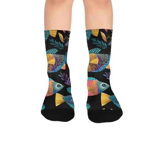susiyo Artistic Colorful Fish Pattern Hiking Socks Boy Girls - Cushioned Crew Socks for Kids Soft, Breathable & Seamless Toe for All-Day Comfort