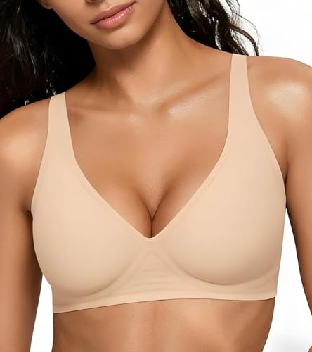 2026 Women Jelly Seamless Wireless Push Up Bras Deep V No Underwire Supportive Everyday Bra Full Coverage Plunge Bralettes Nude
