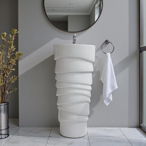 Image of Clay Plus Damru Pedestal Free Standing One Piece Premium Ceramic Wash Basin Single Bowl Sink For Bathroom, Kitchen, Hotel & Livingroom | Designer Modern ROUND (RIO)