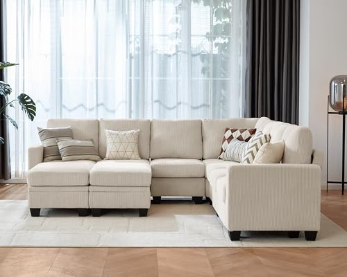 Image of CHIC HOUSE Modular Corner Sectional Sofa with Storage Ottoman, Corduroy L-Shaped Couch, Compact Small Space Furniture for Living Room & Apartment, (Beige, 9 Seater L-Shaped)