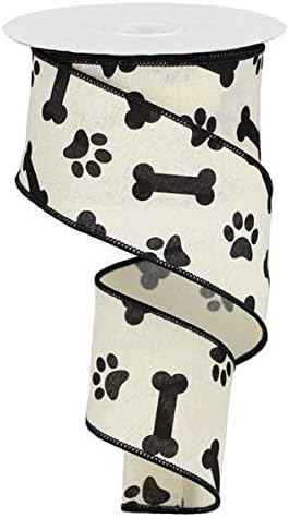 Paw Print & Dog Bone Wired Edge Ribbon, 10 Yards (Cream, Black, 2.5 Inch)