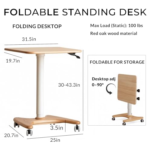 Image of 31.5in Mobile Standing Desk, 30-43.3in Rolling Desk Adjustable Height, Two-Piece Desktop with Tilting Top (0-90), on Wheels, Home Offices, Apartments, Bed & Sofa, Natural Color