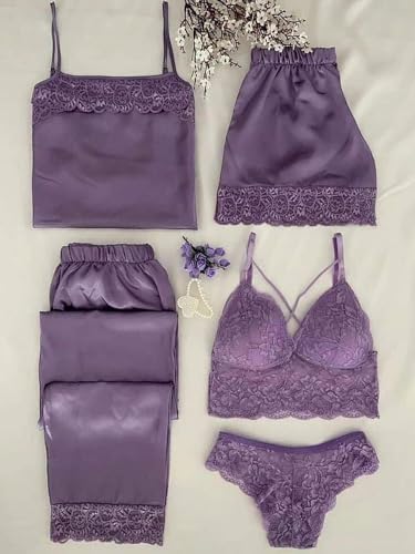Image of Valentine's Day Fancy Night Suit & Bra Penty Set Combo for Women's Pack of 7 Pcs Nightwear Lingerie Purple Nightwear Wedding Gifts