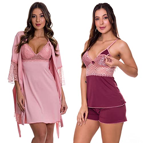 (KIT-V137) - Camisola Amamentação com Robe Rosê + Baby Doll Amamentação Vinho/Rosê - DR202-301-DR203