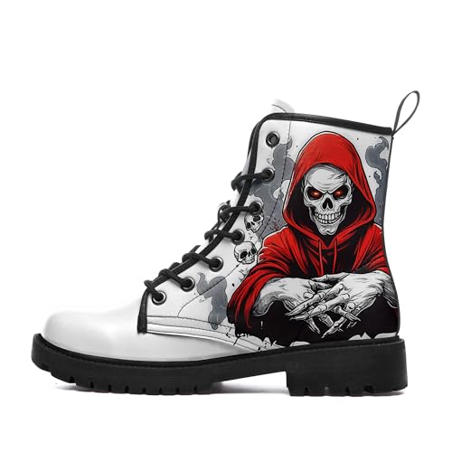Skull Boots For Men Fashion Lace-Up Combat Boots For Women Punk Rock leather Ankle Booties Witchy Goth Shoes