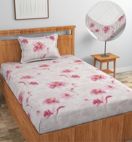 Image of NHD HOME Premium Microfiber Elastic Fitted Bedsheets with 1 King Size Pillow Covers | Single Mattress Bed with All Around Elastic 200 TC Supersoft | Size - 72 x 36 +6 inches | Pink Bloom