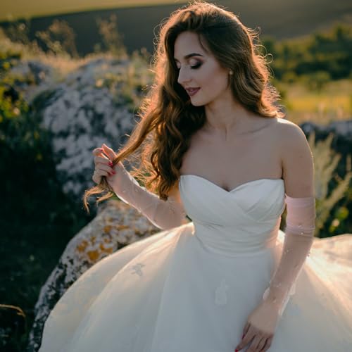 White Tulle Gloves - Wedding Pearl Long Bridal Sheer Sleeves Elbow Length Lace Fingerless Gloves for Christmas Brides Women Girls Costume Dance Party4