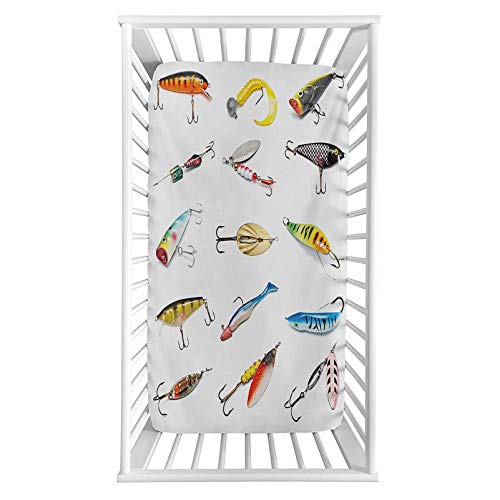 Image of Lyzelre Fishing Fitted Crib Sheet,Several Fish Hook Equipment Objects Trolling Angling Netting Gathering Activity Microfiber Silky Soft Toddler Mattress Sheet Fitted,28"x 52"x 8'' for Boys Girls