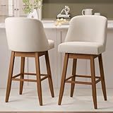 MU Counter Height Swivel Barstools, 30' Seat Height Upholstered Bar Stools Set of 2, Solid Wood Legs with Footrest, Modern Padded Bar Stool for Kitchen Island, Pub, Beige