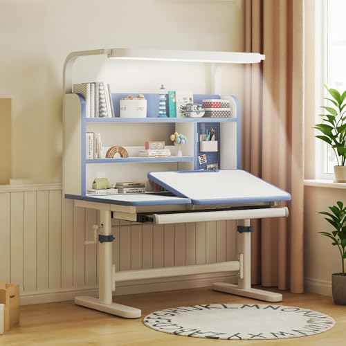 Escritorio de estudio de altura ajustable con luz, manivela manual, madera maciza, incluye cajón, estantería y tablero perforado, altura ajustable de 62-80 cm, ideal para estudiantes y oficina en casa