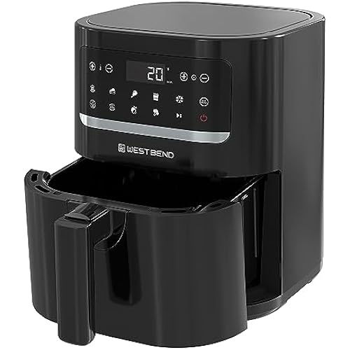 West Bend Compact Air Fryer 5-Quart Capacity with Digital Controls LCD Display and 10 Cooking Presets with Shake Reminder, Nonstick Frying Basket, 1500-Watts, Black