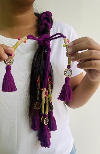Image of Zippy Flora Neelima Cotton Parandi (Purple) | Traditional Boho Handmade Paranda Hair Accessory with Braid Tassels | Women's Ethnic Hair Extension for Choti, Braids & Patiala Shahi Hairstyles