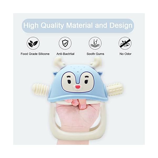 Smily Mia Never Drop Reindeer Silicone Baby Chewing Toy for 3M+ Infants, Easy to Hold Teething Miteen with Soft Textures for Sensory Exploration and Teething Pain Relief-Light Blue – Bild 7