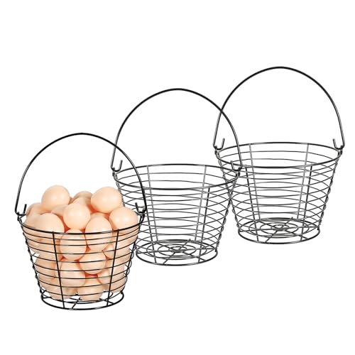 OGANAZI 3 Stück Eierkorb aus Draht Rund Eiersammelkorb Schwarz Metall Drahtkorb Aufbewahrungskörbe mit Tragegriff Küche Gitterkorb Klein Modern Brotkorb Mehrzweck Sammelkorb Obstkörbe Gemüsekorb