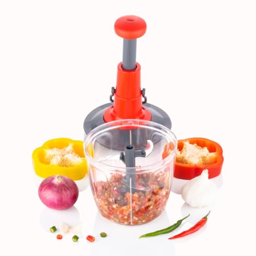 Image of JABON BAGNO 2-in-1 Food Chopper & Blender - 5 Stainless Steel Blades, 1000ml Capacity | Instant Vegetable Fruit Slicer, Manual Push Operation, Easy Clean Kitchen Tool