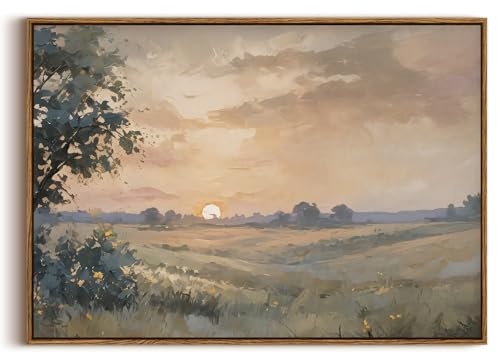 Image of KISSFOX Vintage Framed Wall Art Decor Rustic Landscape Pictures Wall Decor Countryside Sunset Scenery Canvas Art Prints Neutral Modern Farmhouse Paintings Artwork For Bedroom Kitchen Living Room